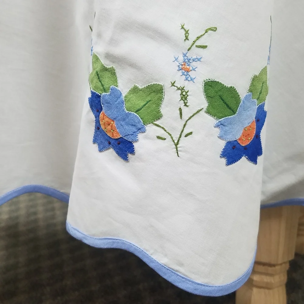 Vintage Floral Applique Round Tablecloth & 8 Napkins Set Blue Trim